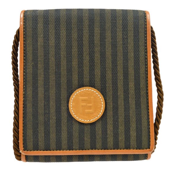 Authentic FENDI Pequin Pattern Shoulder Pochette Purse Bag Brown Canvas